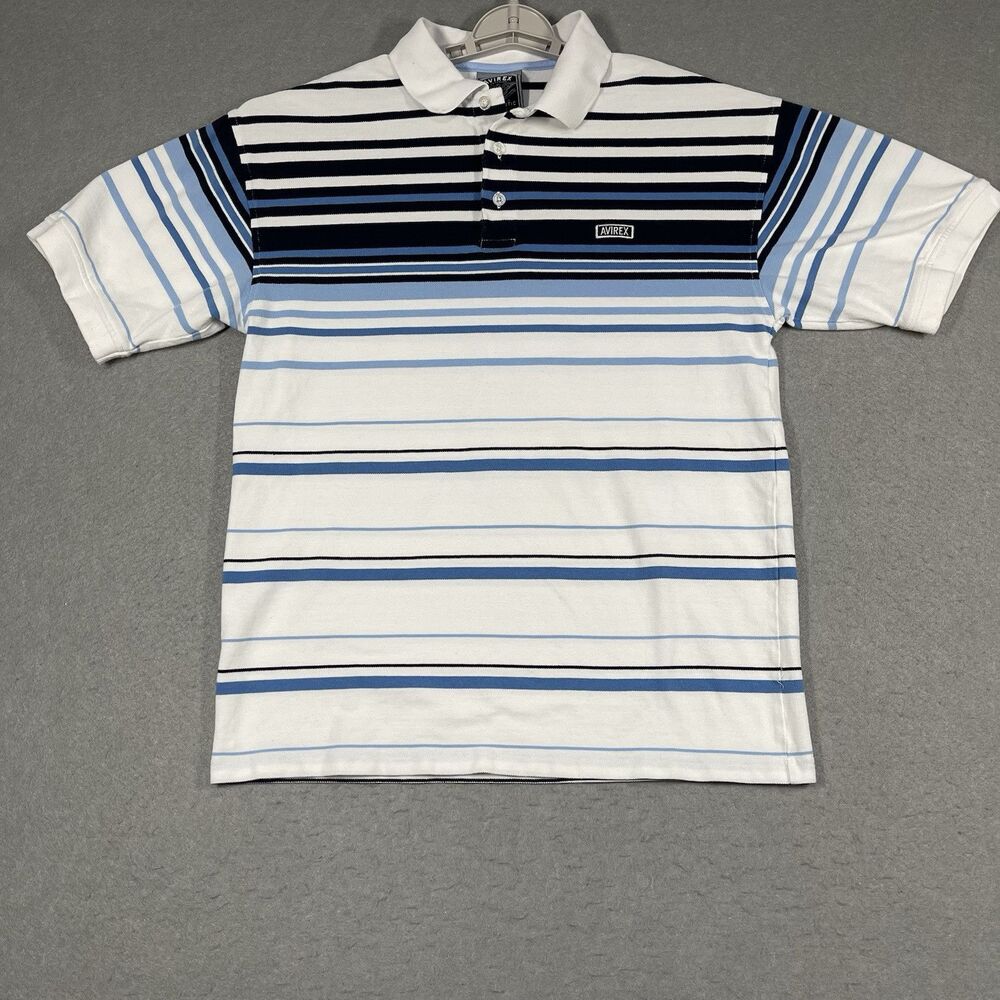 Avirex Polo Shirt Mens Large‎ White Blue Stripped Superior Grade Authentic Golf
